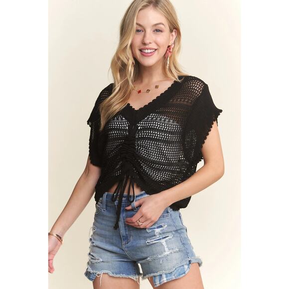 ADORA Front Drawstring Detail V-Neck Drop Shoulder Crochet Pattern Top | Black - Picture 3 of 6